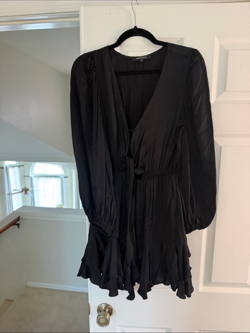 Olivaceous Black Long-Sleeve Ruffle Wrap Dress